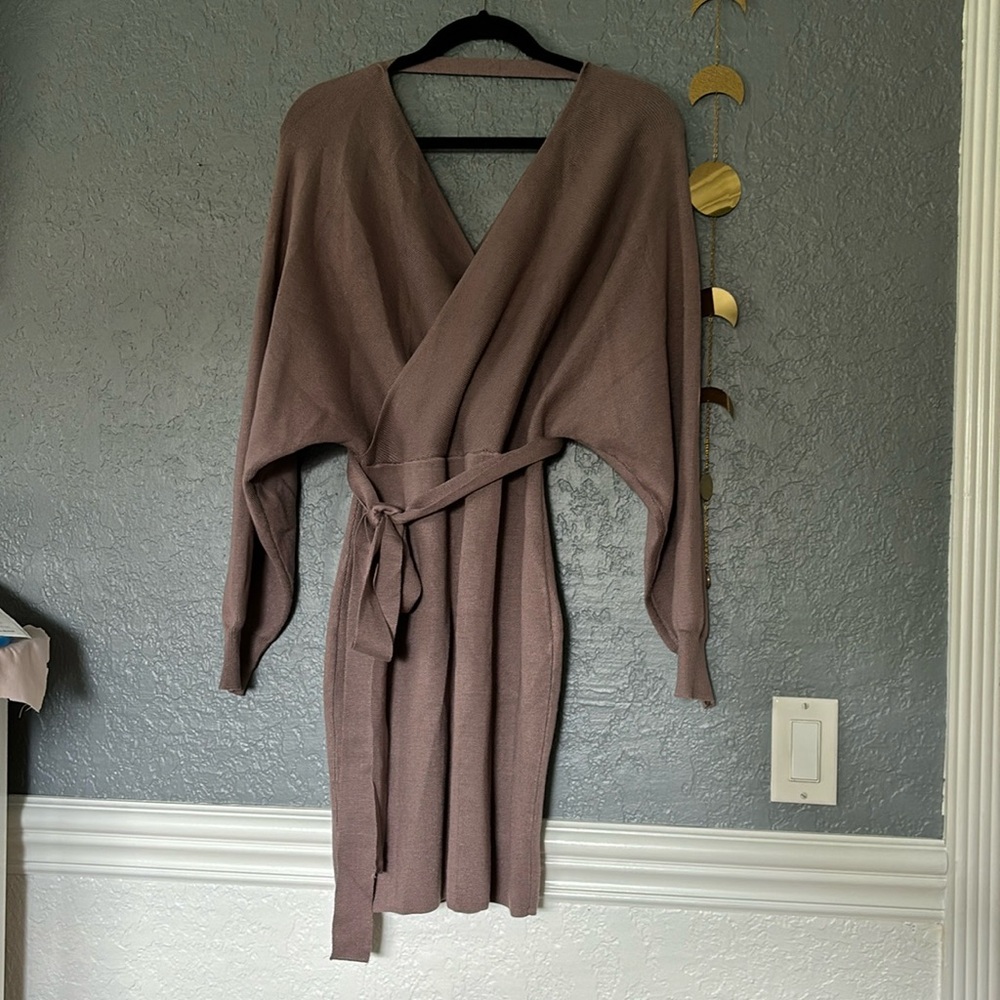 Women Sexy V Neck Backless Wrap Batwing Sleeve Belted Sweater Dresses